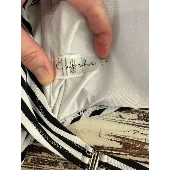 Cup She Swimsuit Womens Large Strapless Black White Striped One-piece Monokini - Picture 4 of 7